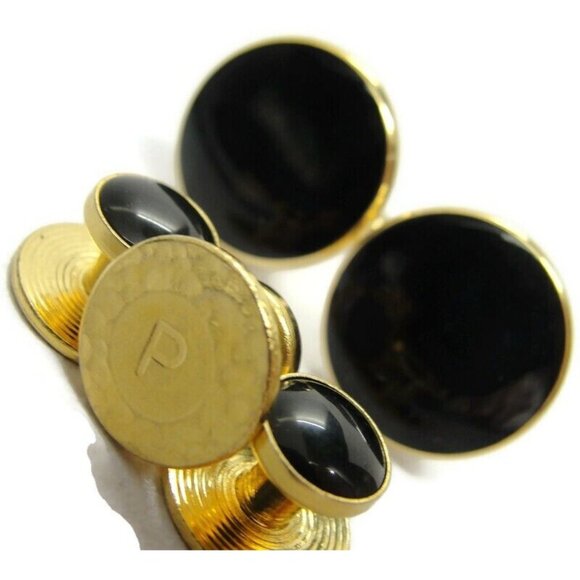 Cufflink Set Matching Black Shirt Buttons Gold Tone Formal Wedding Tux Vintage - Picture 3 of 7